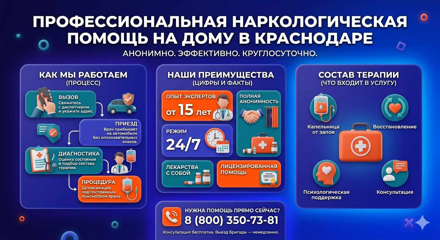 Инфографика о принципах лечения алкоголизма на дому в Щёлкино: этапы вызова нарколога, преимущества анонимной детоксикации и состав медицинской помощи.